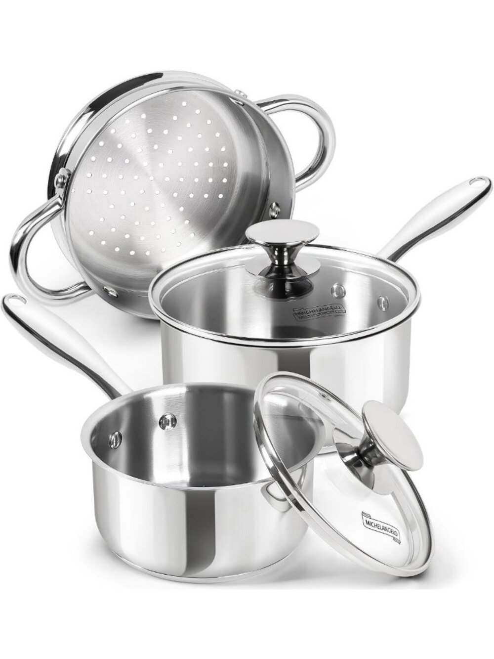 5-Piece Stainless Steel Saucepan Set with Glass Lids & Steamer, Induction Ready